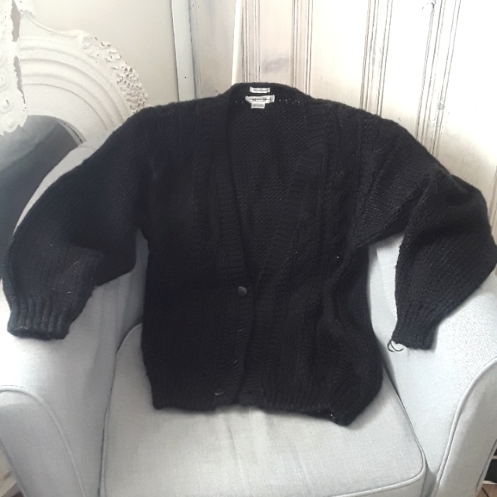 Black, heavy knit cardigan sweater